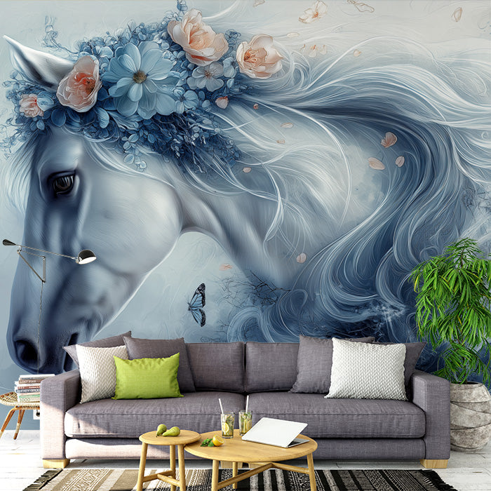 Blue Horse with Flowers Mural Wallpaper in Living Room | Blue, White, Pink, and Various Pastel Colors