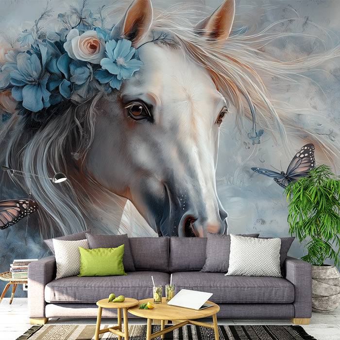 Blue Horse with Flowers Mural Wallpaper in Living Room | Blue, White, Pink, and Various Pastel Colors -1