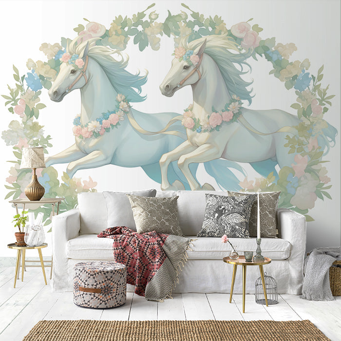Twin Horses with Flowers Mural Wallpaper in Living Room | Light Blue, Pink, Green, and White Horses