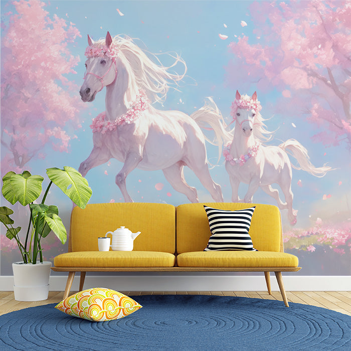 Twin Horses with Flowers Mural Wallpaper in Living Room | Light Blue, Pink, Green, and White Horses -1