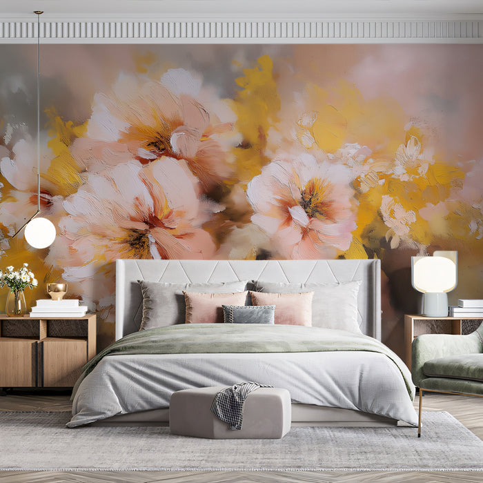 Romantic Impressionistic Floral Mural Wallpaper | Soft Peach & Golden Hues