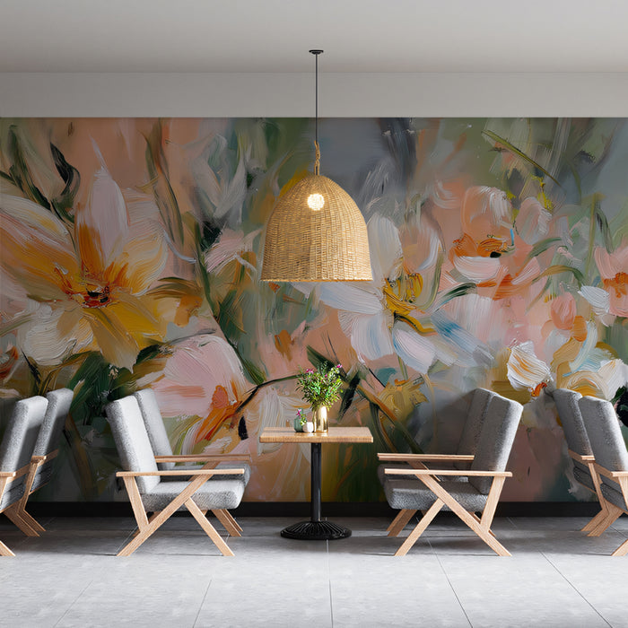 Impressionist Floral Mural Wallpaper | Soft White & Peach Blooms