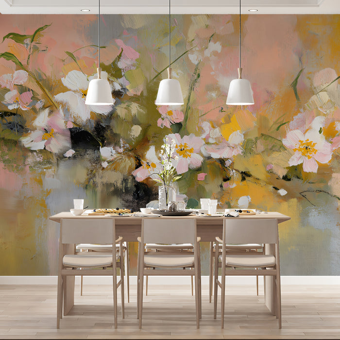 Abstract Meadow Mural Wallpaper | Serene White & Pink Blossoms