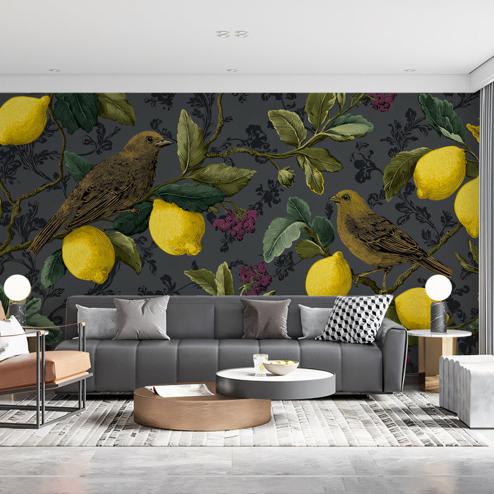 Vintage Lemon & Bird Mural Wallpaper | Dark Gray Botanical Art