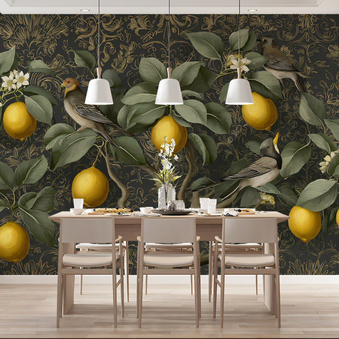 Murale albero di limoni tradizionale | Sfondo scuro con dettagli dorati