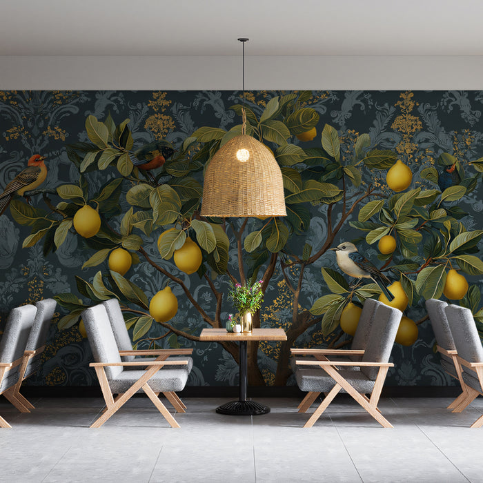 Vintage Lemon Grove Mural Wallpaper | Ornate Damask & Birds