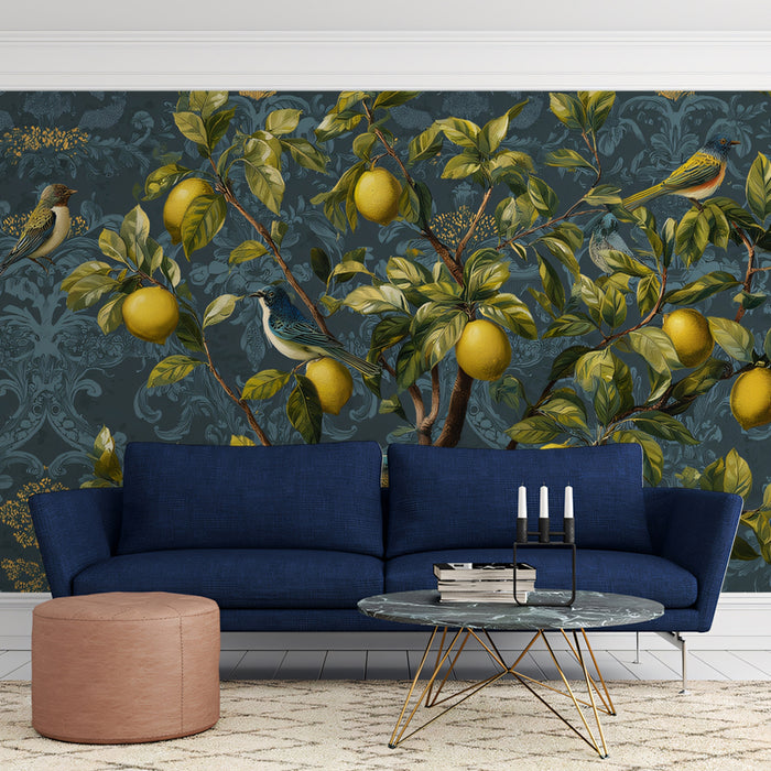 Modern Damask Lemon Tree Mural Wallpaper | Teal Blue with Gold