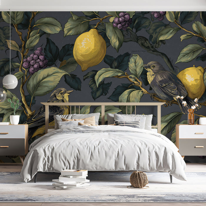 Vintage Birds & Lemons Mural Wallpaper | Dark Gray Botanical Pattern