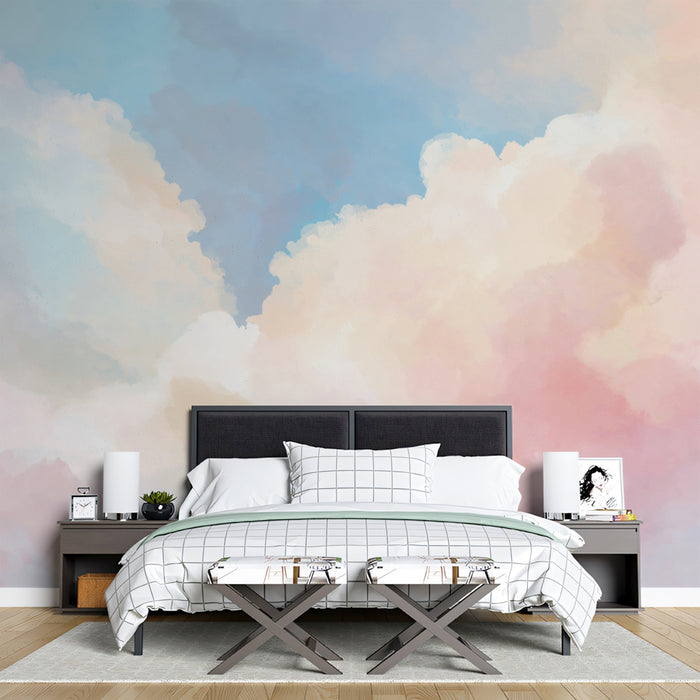 Soft Pink & Blue Sky Mural Wallpaper | Abstract Watercolor Clouds