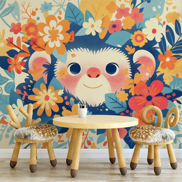 Monkey with Flowers Mural Wallpaper in Playroom | Blue, Orange, Pink, and Various Bright Colo Monkey