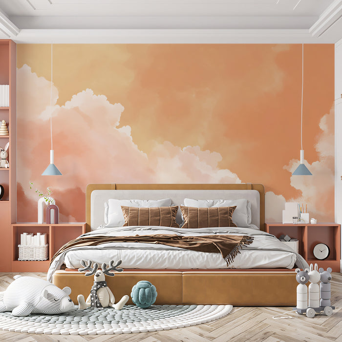 Warm Sunset Sky Mural Wallpaper | Abstract Watercolor Clouds in Orange & Peach
