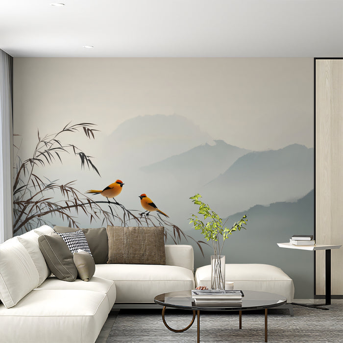 Zen Landscape Mural Wallpaper | Minimalist Oriental Birds & Misty Mountains