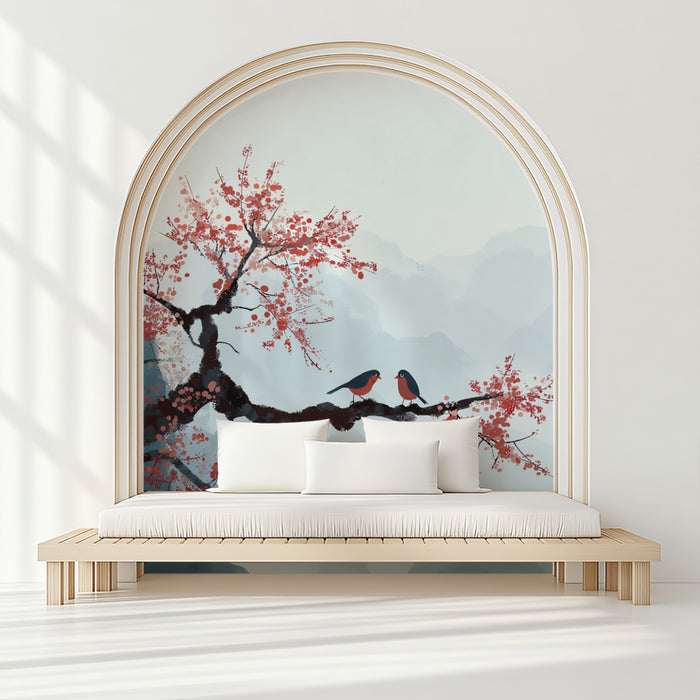 Zen Cherry Blossom Mural Wallpaper | Serene Oriental Birds & Misty Mountains
