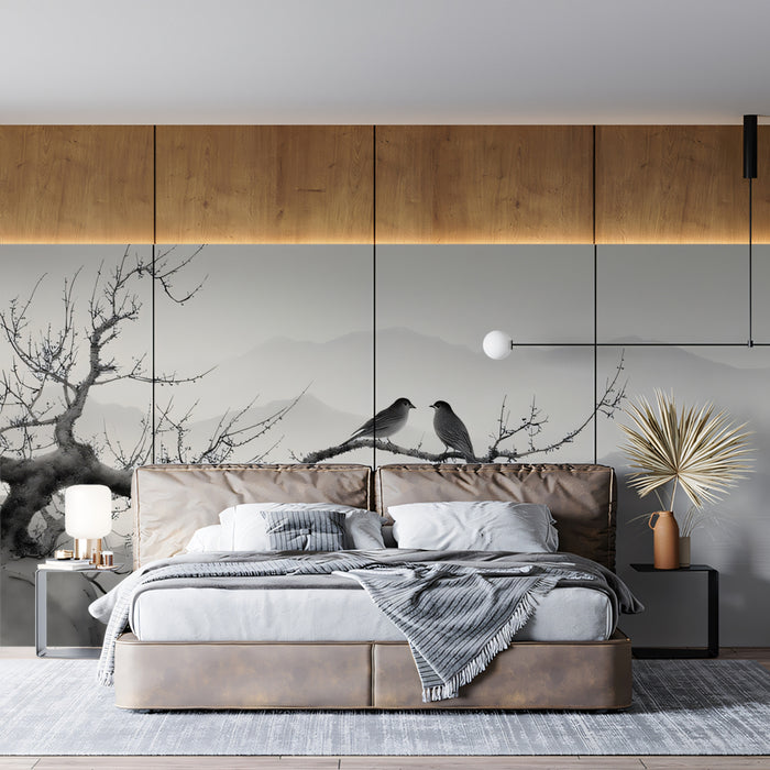Zen Bare Tree Mural Wallpaper | Minimalist Oriental Birds & Misty Mountains