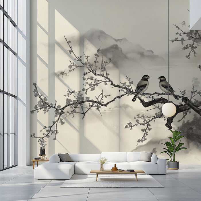 Zen Plum Blossom Mural Wallpaper | Oriental Birds & Misty Mountains