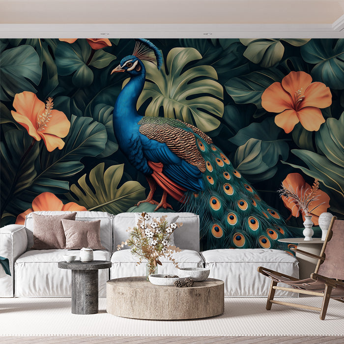 Peacock Mural Wallpaper in Living Room | Blue, Green, Orange, and Various Colors of Peacock