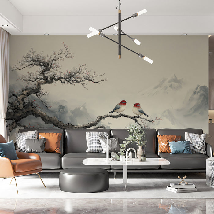 Zen Winter Tree Mural Wallpaper | Oriental Birds & Snowy Mountains