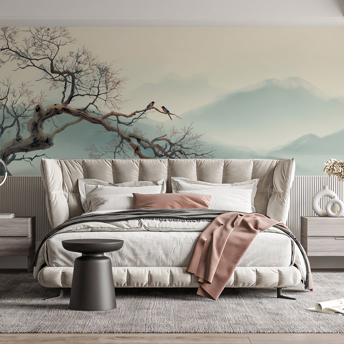 Zen Chinese Landscape Mural Wallpaper | Minimalist Birds & Misty Mountains