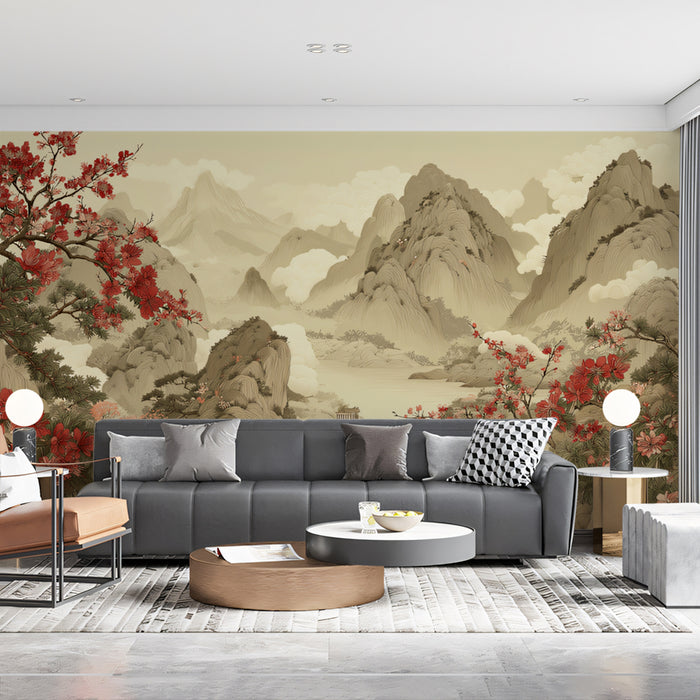 Grand Chinese Landscape Mural Wallpaper | Red Blossoms & Misty Mountains