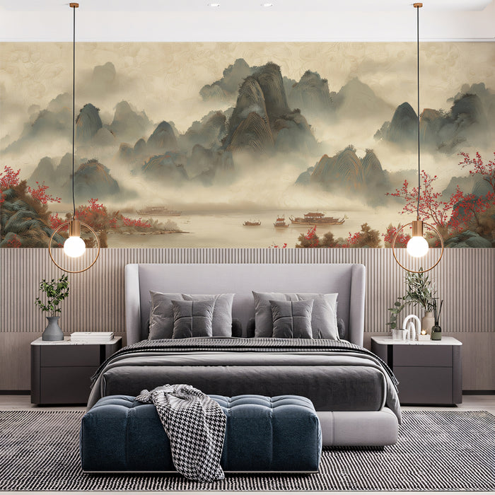 Misty Chinese Landscape Mural Wallpaper | Oriental Scenery with Boats & Foliage