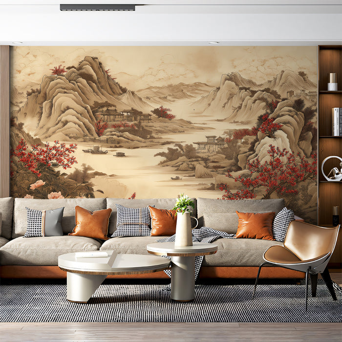 Vintage Chinese Landscape Mural Wallpaper | Elegant River Scene with Villages