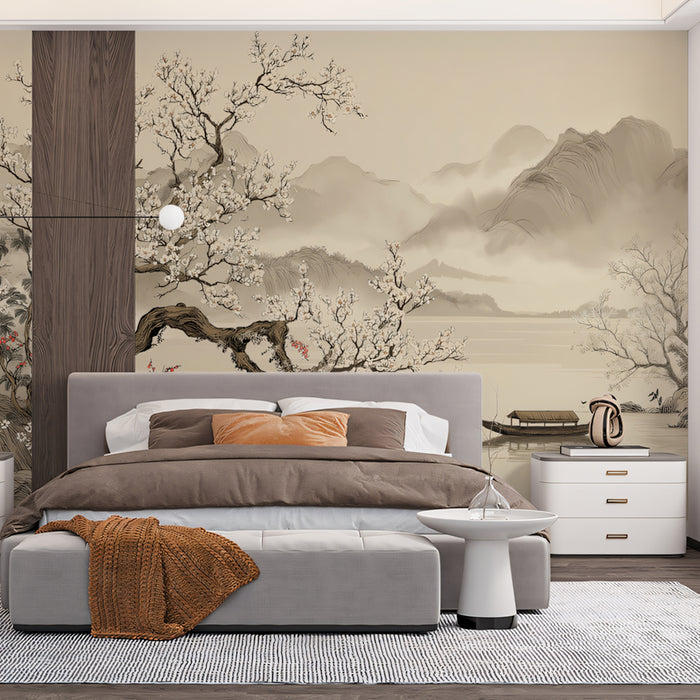 Vintage Blossom Tree Mural Wallpaper | Oriental Landscape with White Flowers