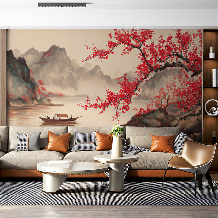 Red Plum Blossom Mural Wallpaper | Traditional Chinese Landscape with Boat