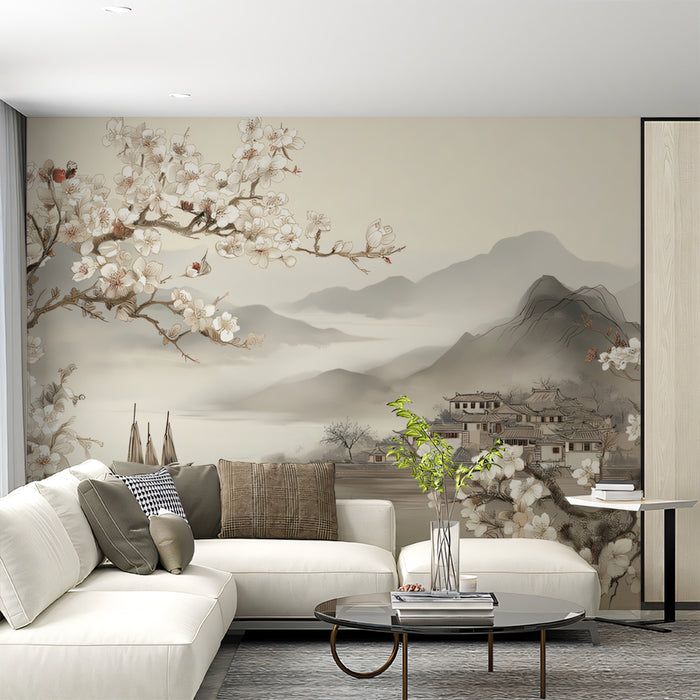Chinese Plum Blossom Mural Wallpaper | Minimalist Oriental Landscape