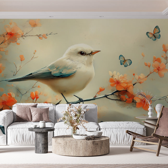 Bird and Flowers Mural Wallpaper in Living Room | Beige, Orange, Blue, and Green Bird and Flowers