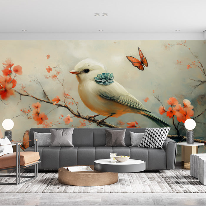 Bird and Flowers Mural Wallpaper in Living Room | Beige, Orange, Blue, and Green Bird and Flowers -1