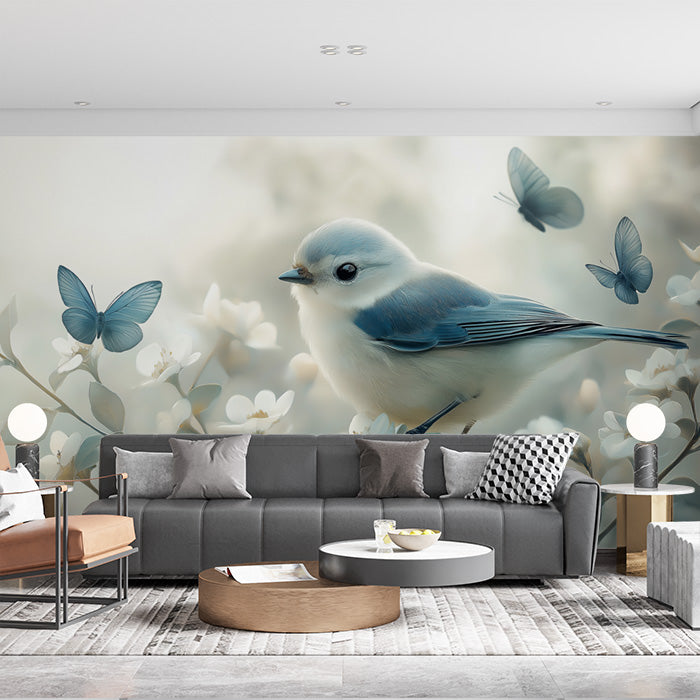 Bird and Flowers Mural Wallpaper in Living Room | Beige, Orange, Blue, and Green Bird and Flowers -2