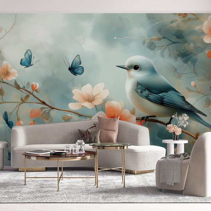 Bird and Flowers Mural Wallpaper in Living Room | Beige, Orange, Blue, and Green Bird and Flowers -3
