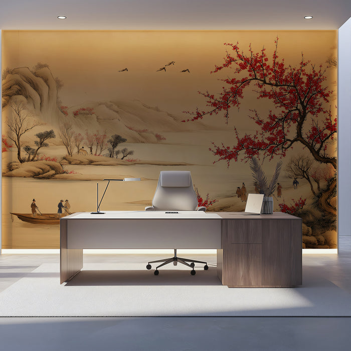 Traditional Chinese Art Mural Wallpaper | Red Plum Blossoms & River Scene