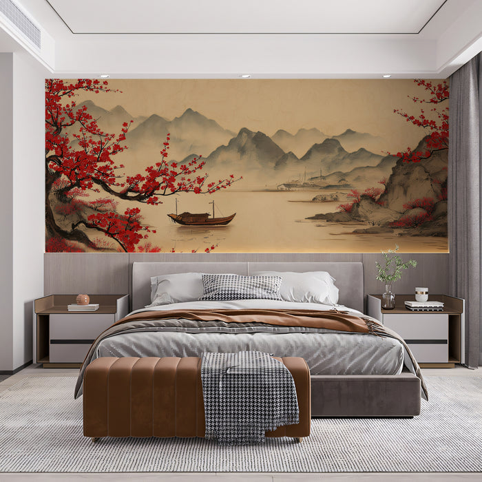 Chinese Landscape Mural Wallpaper | Red Plum Blossoms & River Scene