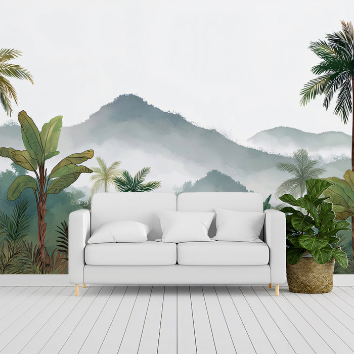 Tropical Palm Tree Mural Wallpaper | Exotic Landscape with Misty Mountains