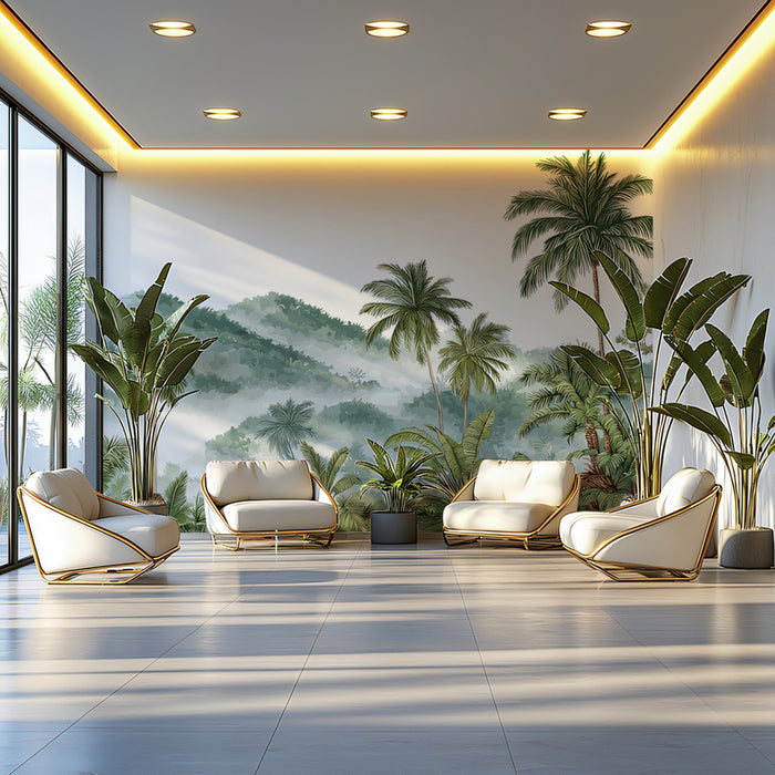 Tropical Forest Mural Wallpaper | Lush Greenery with Misty Mountains