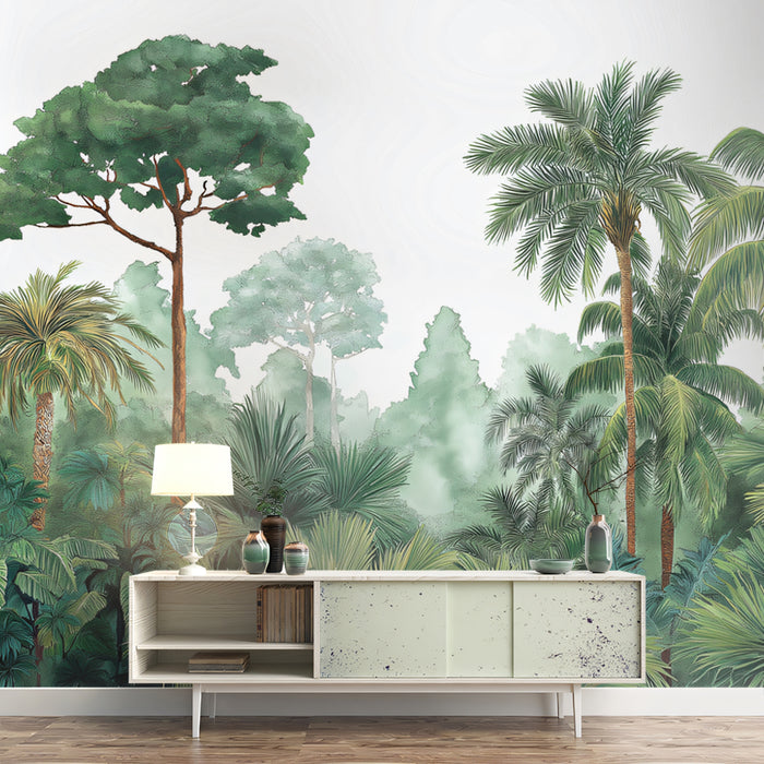 Lush Tropical Jungle Mural Wallpaper | Dense Greenery with Palm Trees