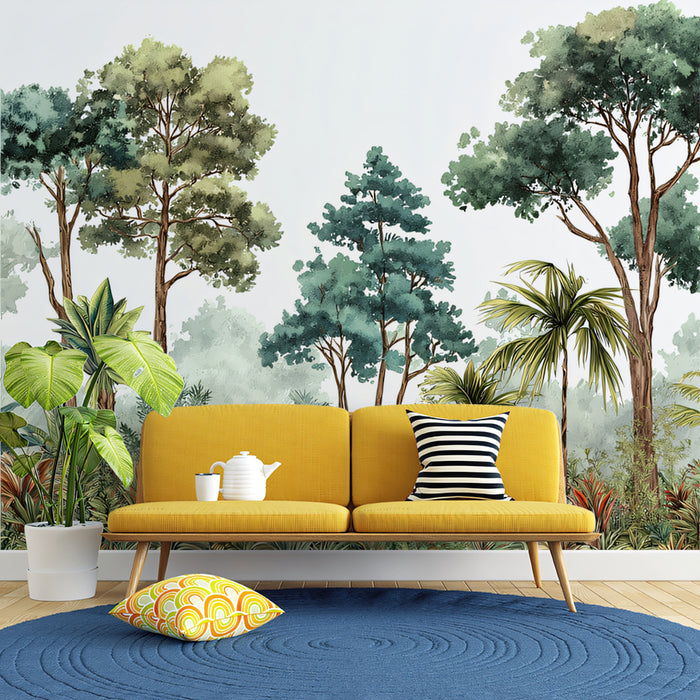 Modern Tropical Forest Mural Wallpaper | Stylized Greenery with Misty Background