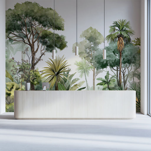 Modern interior with a white reception desk and a wall featuring a tropical forest design.