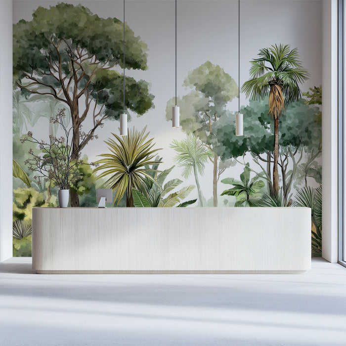 Modern interior with a white reception desk and a wall featuring a tropical forest design.