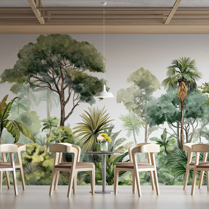 Tropical Oasis Mural Wallpaper | Lush Green Forest with Palm Trees