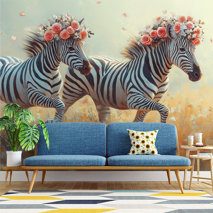 Zebra with Flowers Mural Wallpaper in Living Room | Black, White, Pink, and Various Colors of Zebra