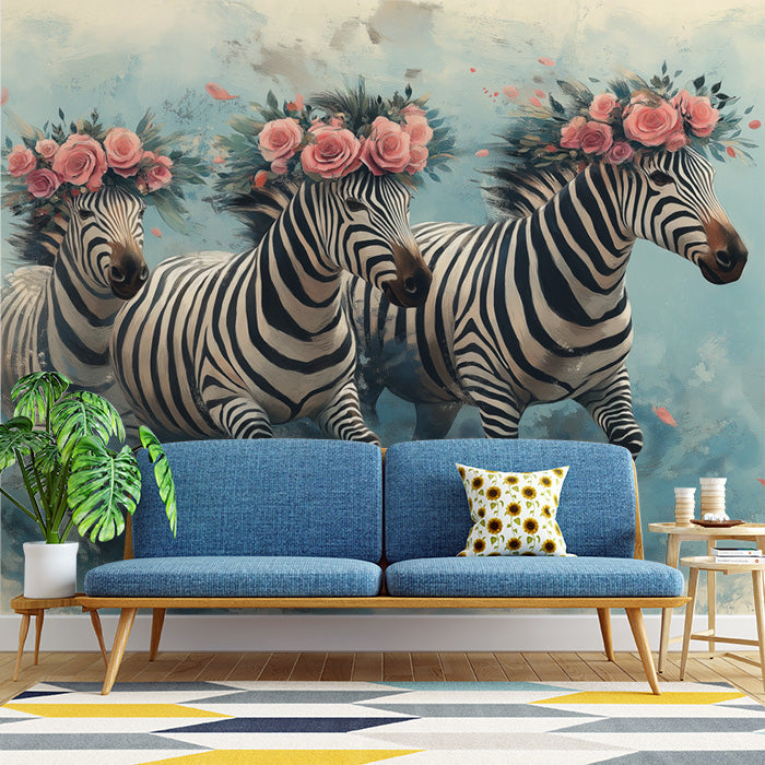 Zebra with Flowers Mural Wallpaper in Living Room | Black, White, Pink, and Various Colors of Zebra -1