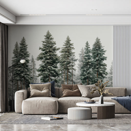 Modern living room with a sectional sofa, coffee table, and forest mural.