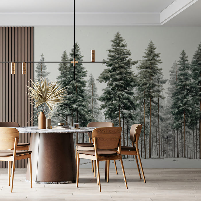 Snowy Forest Mural Wallpaper | Serene Pine Trees in a Winter Landscape