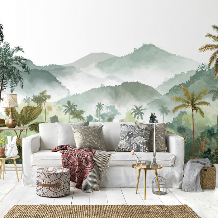 Tropical Jungle Mural Wallpaper | Lush Greenery with Misty Mountains
