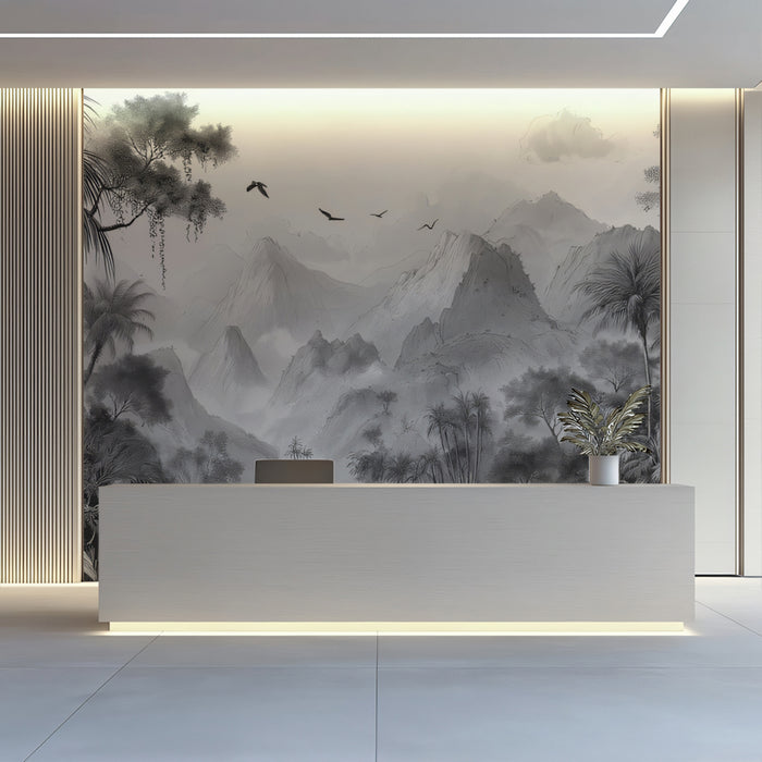 Monochrome Tropical Mural Wallpaper | Dramatic Jungle with Mountains