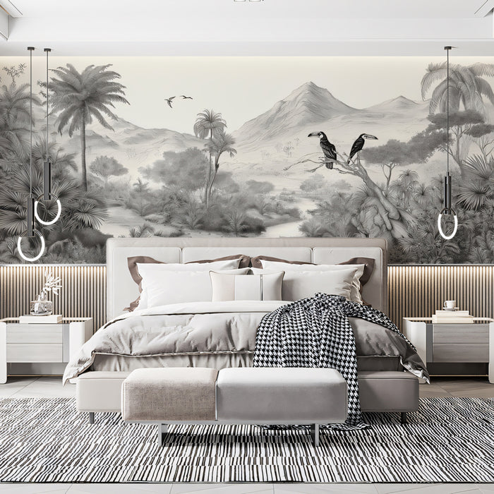 Monochrome Jungle Mural Wallpaper | Hand-Drawn Toucans & Palm Trees
