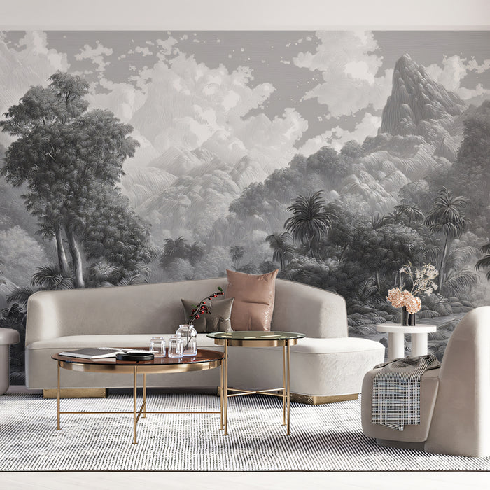 Monochrome Tropical Jungle Mural Wallpaper | Intricate Landscape with Mountains