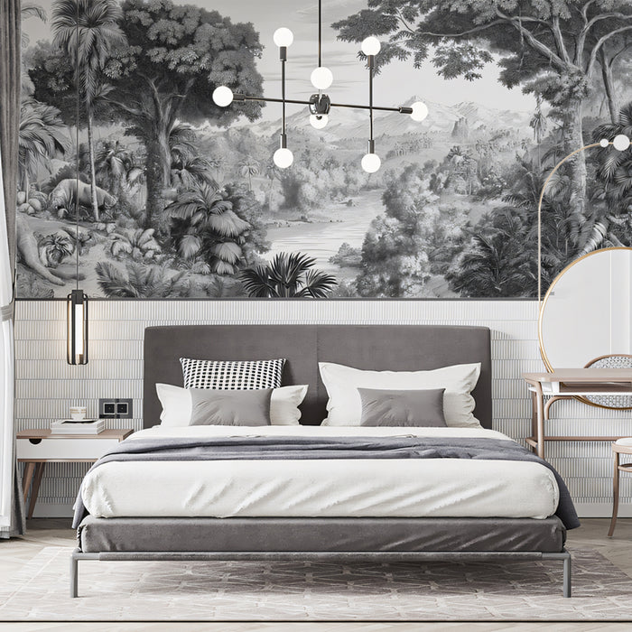 Monochrome Tropical Landscape Mural Wallpaper | Elephant & Lush Jungle